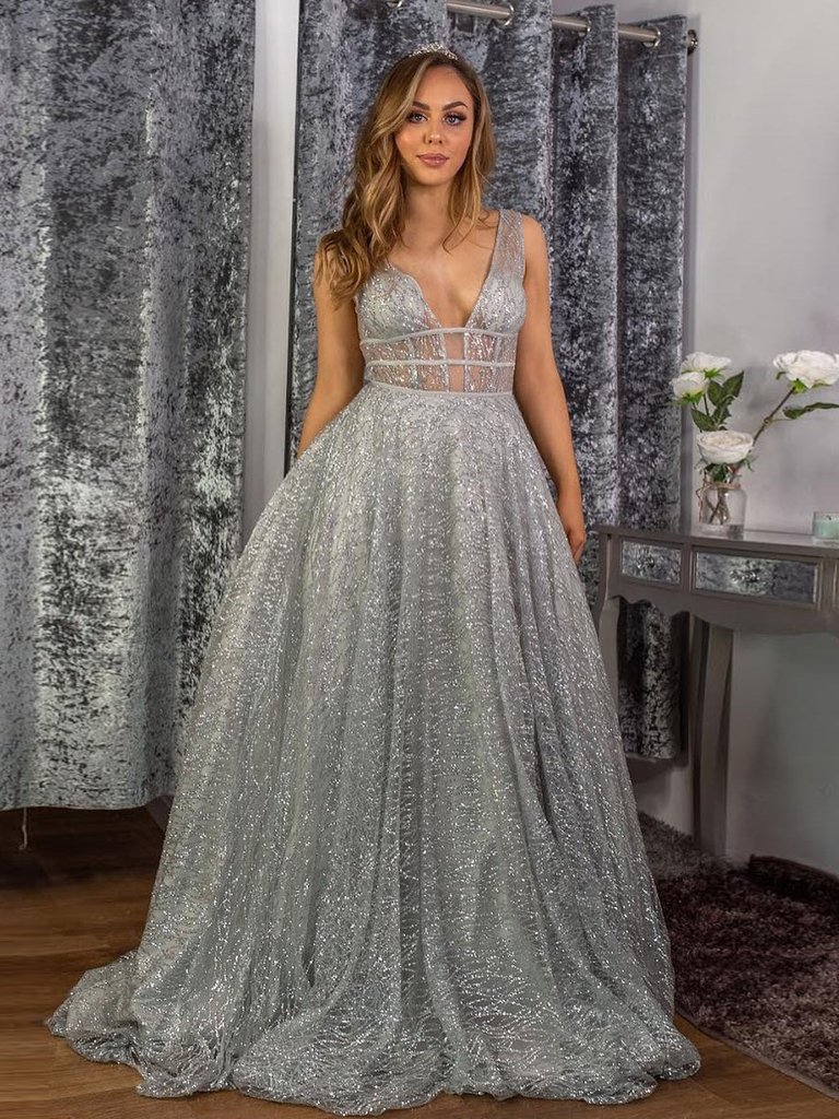 Popular Grey Sequin Tulle Prom Dresses ...